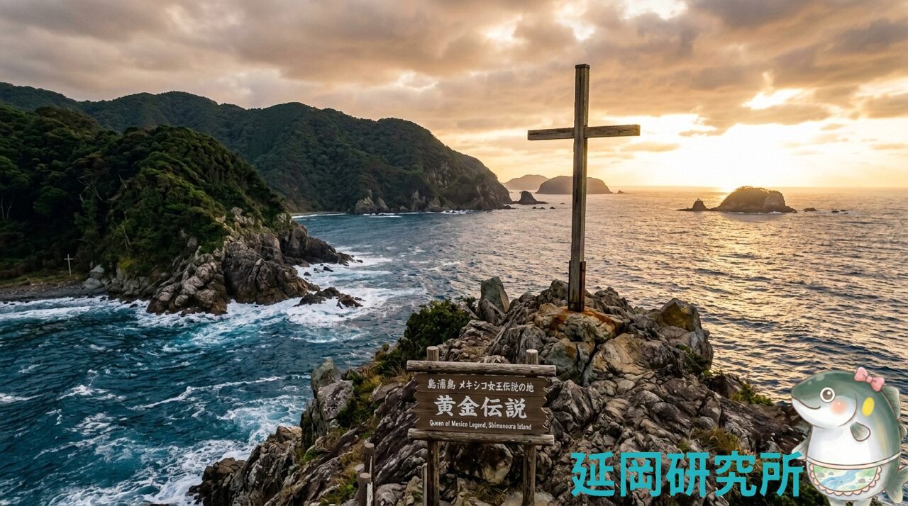 宮崎県延岡市の離島・島浦島（島野浦）に建つ、メキシコ女王の黄金伝説を伝える十字架の記念碑