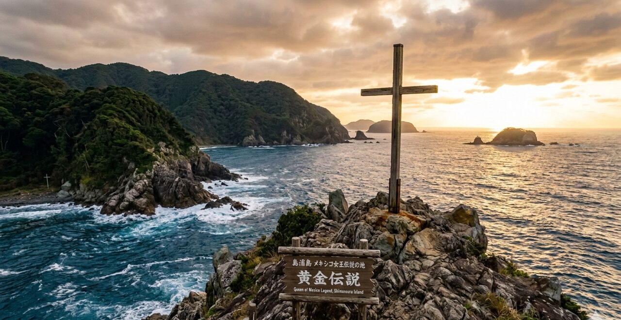 宮崎県延岡市の離島・島浦島（島野浦）に建つ、メキシコ女王の黄金伝説を伝える十字架の記念碑