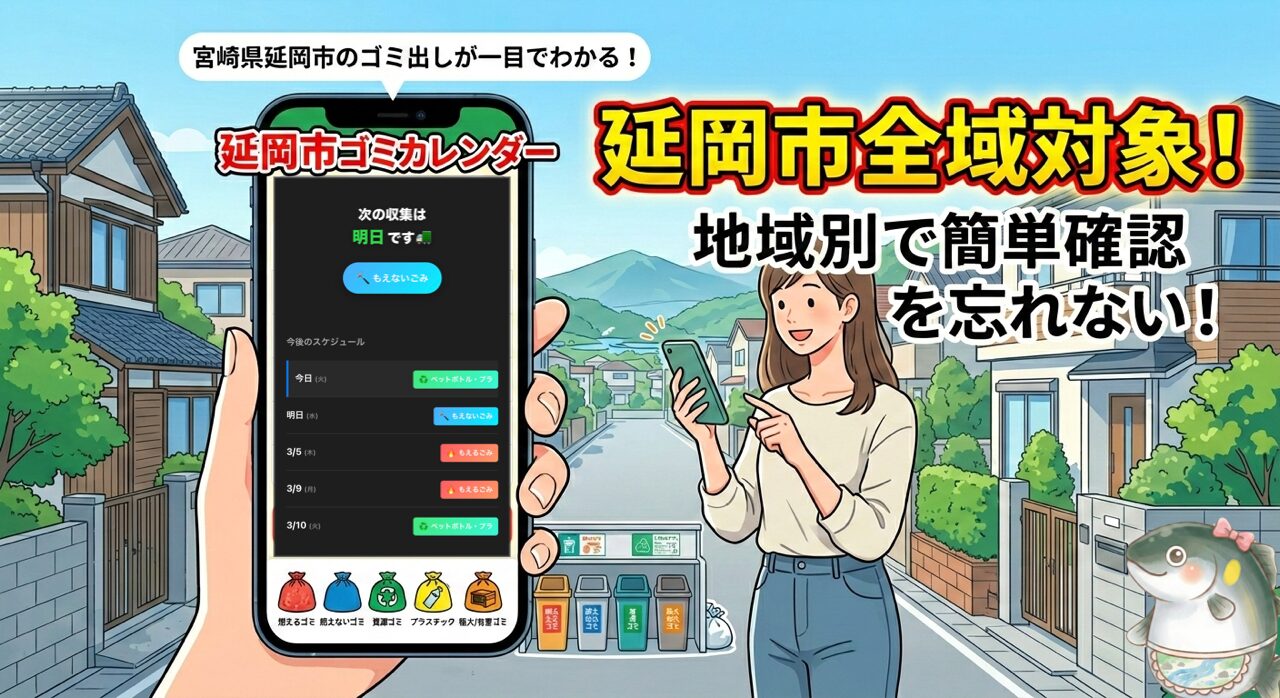 延岡市の「今日・明日のごみ収集日（可燃ごみ、ペットボトル等）」がスマホでひと目で分かる、延岡研究所の便利なごみ出しカレンダー
